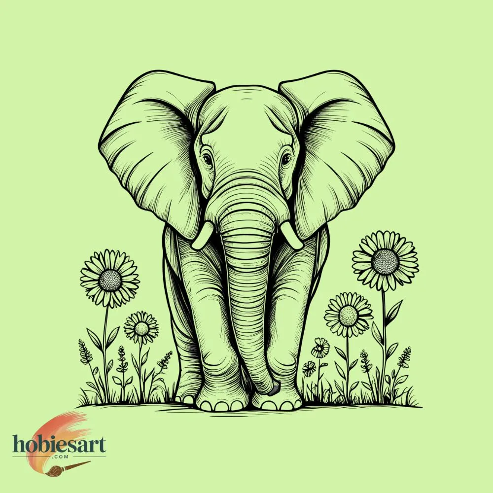 Cute Elephant With Wildflowers