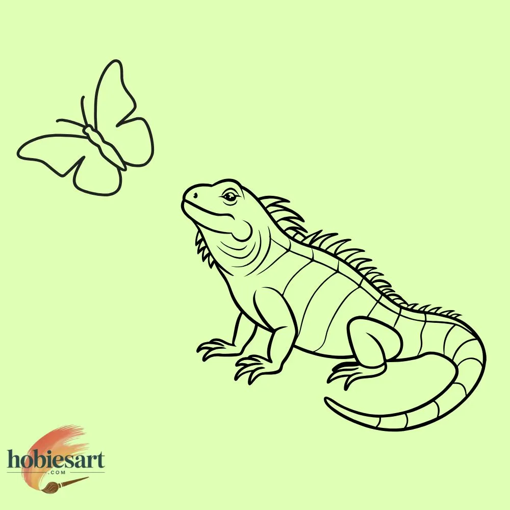 iguana looking at a butterfly